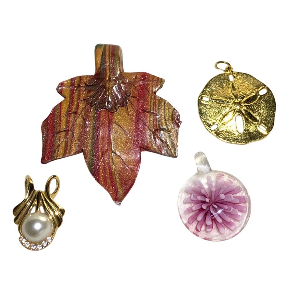 Womens Jewelry 4 Pendants Fall Leaf Pink Glass Flower Gold Pearl Golden Starfish